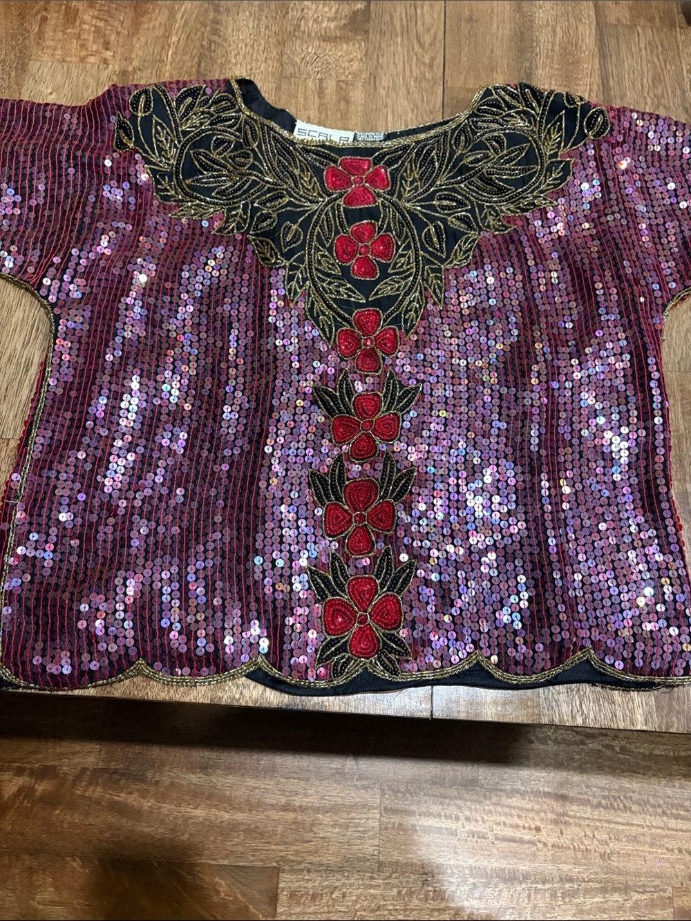 Vintage Scala Milano Paris Beaded Sequined Formal Top. Silk. Large